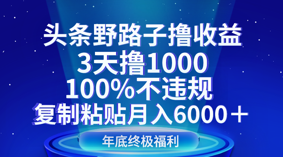 头条野路子撸收益，3天撸1000，100%不违规，复制粘贴月入6000＋| 网创圈