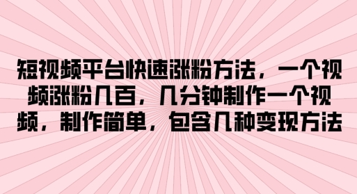 短视频平台快速涨粉方法，几分钟制作一个视频，制作简单，包含几种变现方法| 网创圈