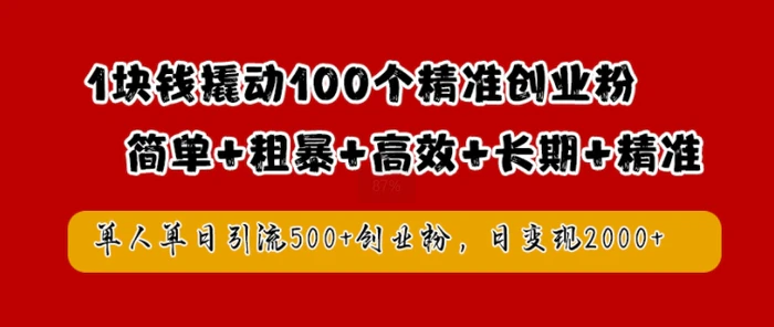 1块钱撬动100个精准创业粉，简单粗暴高效长期精准，单人单日引流500+创业粉，日变现2k【揭秘】| 网创圈