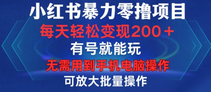 小红书暴力零撸项目，有号就能玩，单号每天变现1到15元，可放大批量操作，无需手机电脑操作【揭秘】| 网创圈