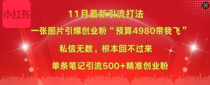 小红书11月最新图片打粉，一张图片引爆创业粉，“预算4980带我飞”，单条引流500+精准创业粉| 网创圈
