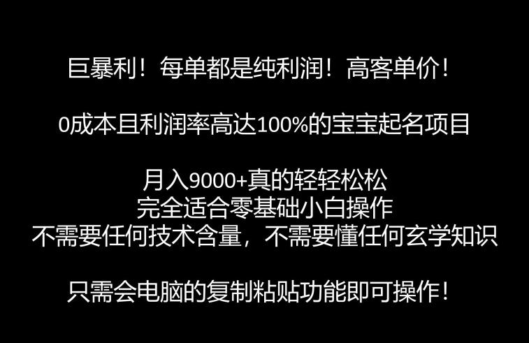 巨暴利，月入9000+的宝宝起名项目，每单都是纯利润，零基础都能躺赚【附软件+视频教程】| 网创圈
