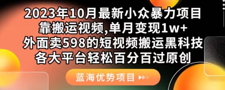 2023年10月最新小众暴力项目，靠搬运视频,单月变现1w+，外面卖598的短视频搬运黑科技，各大平台轻松百分百过原创| 网创圈