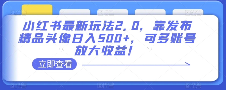小红书最新玩法2.0，靠发布精品头像日入500+，可多账号放大收益！【揭秘】| 网创圈