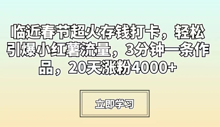 临近春节超火存钱打卡，轻松引爆小红薯流量，3分钟一条作品，20天涨粉4000+| 网创圈