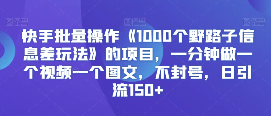 快手批量操作《1000个野路子信息差玩法》的项目，一分钟做一个视频一个图文，不封号，日引流150+| 网创圈
