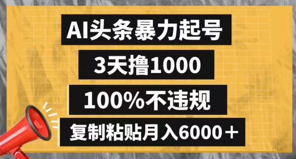 AI头条暴力起号，3天撸1000,100%不违规，复制粘贴月入6000＋【揭秘】| 网创圈