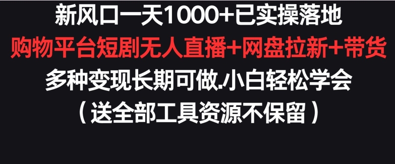 新风口一天1000+已实操落地购物平台短剧无人直播+网盘拉新+带货多种变现长期可做| 网创圈