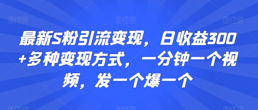 最新S粉引流变现，日收益300+多种变现方式，一分钟一个视频，发一个爆一个| 网创圈