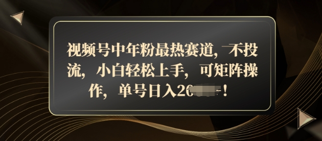 视频号中年粉最热赛道，不投流，小白轻松上手，可矩阵操作| 网创圈