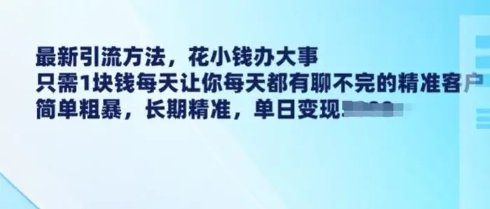 最新引流方法，花小钱办大事，只需1块钱每天让你每天都有聊不完的精准客户 简单粗暴，长期精准| 网创圈