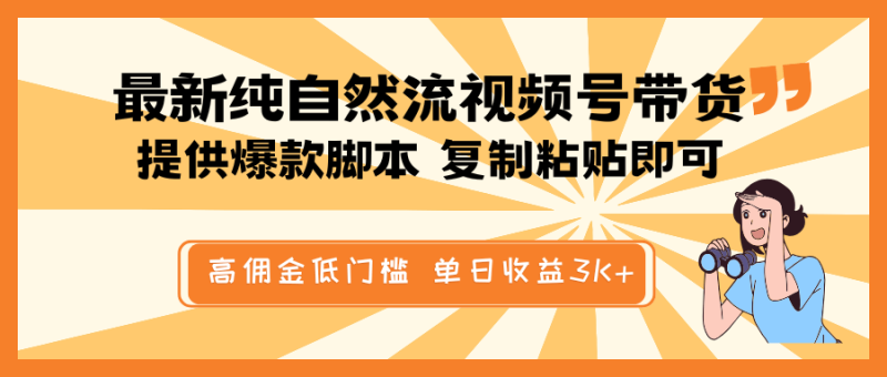 最新纯自然流视频号带货，提供爆款脚本简单 复制粘贴即可，高佣金低门槛，单日收益3K+| 网创圈