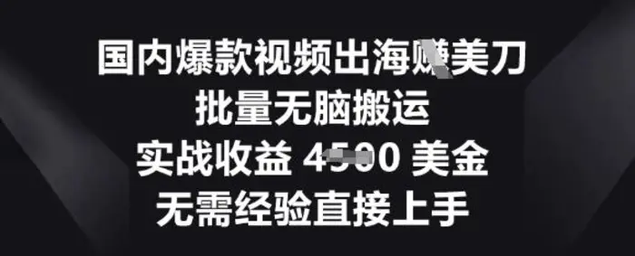 国内爆款视频出海挣美刀，批量无脑搬运，实战收益4.5k，无需经验直接上手| 网创圈