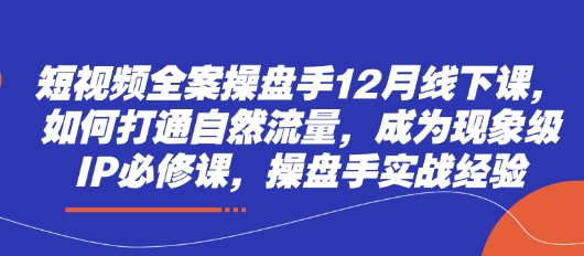 短视频全案操盘手12月线下课，如何打通自然流量，成为现象级IP必修课，操盘手实战经验| 网创圈