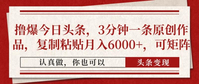 （14437期）撸爆今日头条，3分钟一条原创作品，复制粘贴月入6000+，可矩阵| 网创圈