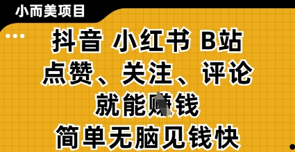 小而美的项目，抖音小红书B站视频点赞、关注、评论就能挣钱，简单无脑立见收益，妥妥的零撸项目| 网创圈
