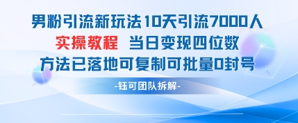 男粉引流新玩法10天引流7000人当日变现四位数可复制可批量0封号| 网创圈