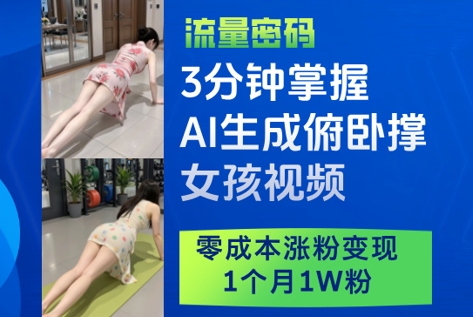 3分钟掌握AI生成俯卧撑女孩视频，零成本涨粉变现，1个月1W粉| 网创圈