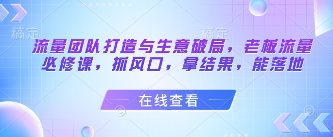 流量团队打造与生意破局，老板流量必修课，抓风口，拿结果，能落地| 网创圈