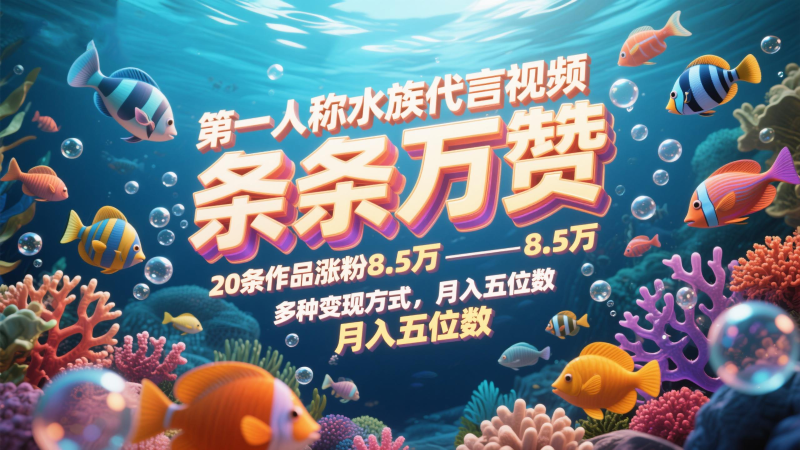 第一人称水族代言视频，条条万赞，20条作品涨粉8.5万，多种变现方式月，入五位数| 网创圈