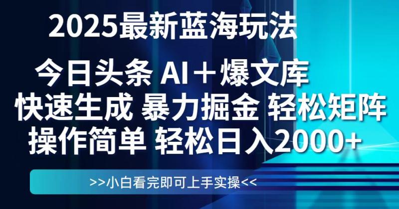 （14805期）今日头条2025最新蓝海玩法，思路简单，复制粘贴，轻松实现矩阵日入2000+| 网创圈