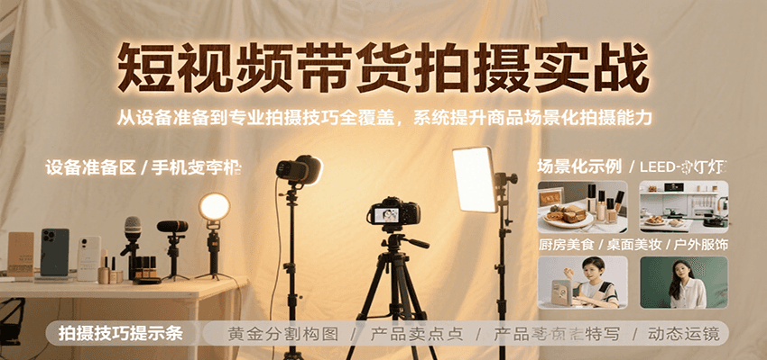 短视频带货拍摄实战，从设备准备到专业拍摄技巧全覆盖，系统提升商品场景化拍摄能力| 网创圈