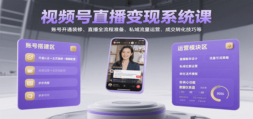 视频号直播变现系统课，账号开通装修、直播全流程准备、私域流量运营、成交转化技巧等| 网创圈