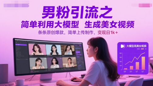 男粉引流之简单利用大模型生成美女视频，条条原创爆款，简单上传制作，变现日1k+| 网创圈