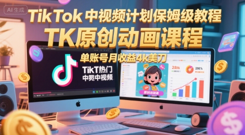 TikTok中视频计划保姆级教程，TK原创动画课程，单账号月收益4k美刀| 网创圈