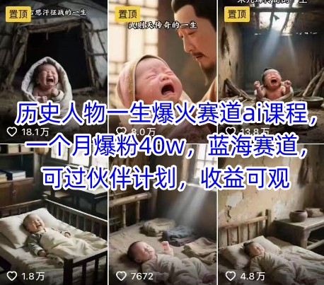 历史人物一生爆火赛道ai课程，一个月爆粉40w，蓝海赛道，可过伙伴计划，收益可观| 网创圈