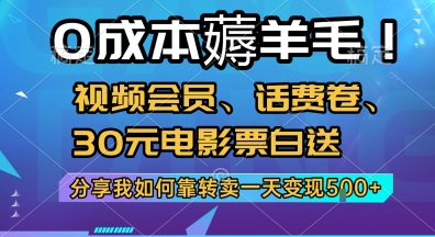 0成本薅羊毛!视频会员、话费卷、30元电影票白送，分享我如何靠转卖一天变现5张+【揭秘】| 网创圈
