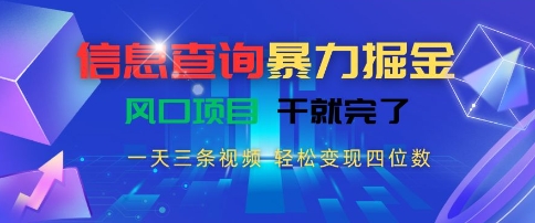 信息查询暴力掘金，一天三条视频，轻松变现四位数，风口项目干就完了【揭秘】| 网创圈