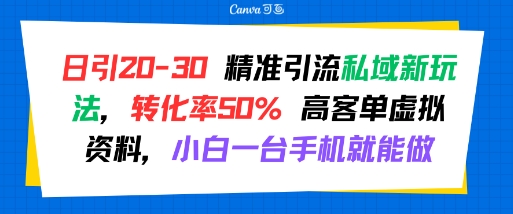 日引 20-30 精准引流私域新玩法，转化率50% 高客单虚拟资料，小白一台手机就能做| 网创圈