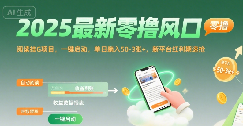 2025最新零撸风口，阅读挂G项目，一键启动，单日躺入 50-3张+，新平台红利期速抢【揭秘】| 网创圈