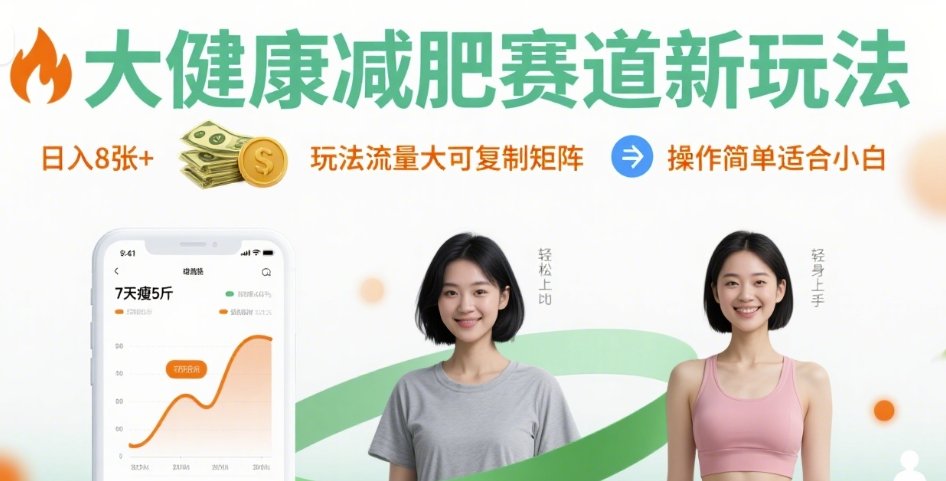 大健康减肥赛道新玩法日入8张，玩法流量大可复制矩阵，操作简单适合小白| 网创圈