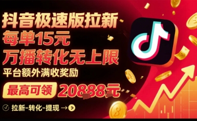 抖音极速版拉新，平台扶持力度大，每单15米，万播转化无上限，平台额外满收奖励| 网创圈