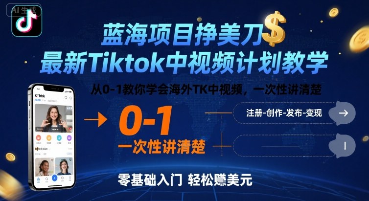 蓝海项目挣美刀，最新Tiktok中视频计划教学，从0-1教你学会海外TK中视频，一次性讲清楚| 网创圈