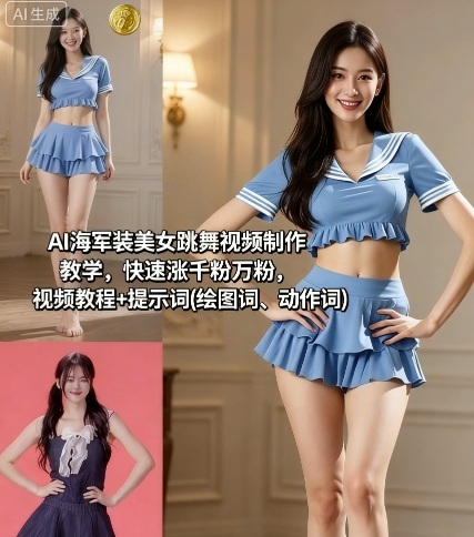AI海军装美女跳舞视频制作教学，快速涨千粉万粉，视频教程+提示词(绘图词、动作词)| 网创圈