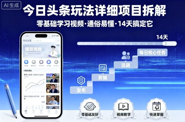 今日头条玩法详细项目拆解，零基础学习视频 通俗易懂 14天搞定它| 网创圈