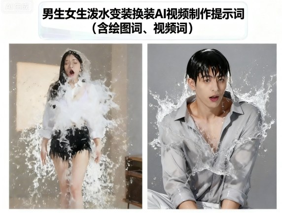 男生女生泼水变装换装AI视频制作提示词(含绘图词、视频词)| 网创圈
