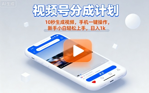 视频号分成计划懒人玩法，10秒生成视频，手机一键操作，新手小白轻松上手，日入1K【揭秘】| 网创圈