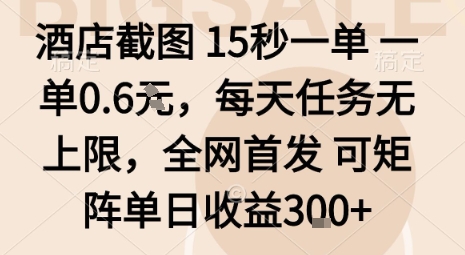 酒店截图15秒一单，一单0.6米，每天任务无上限，全网首发可矩阵单日收益3张【揭秘】| 网创圈