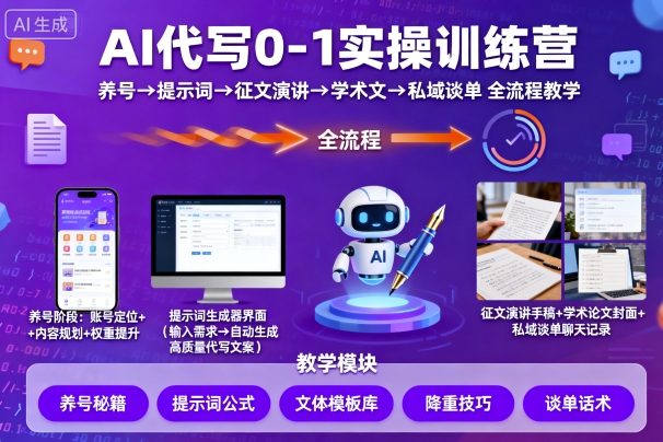 AI代写0-1实操训练营，从养号、提示词、征文演讲、学术文，到私域谈单的全流程教学| 网创圈