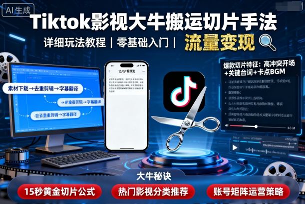 Tiktok影视大牛搬运切片手法，详细玩法教程| 网创圈