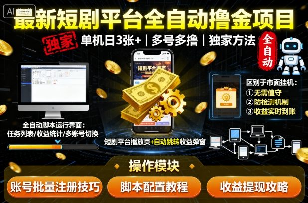 最新短剧平台全自动挂G撸金项目，单机一天3张+，多号多撸，区别于市面所有挂机项目，独家方法【揭秘】| 网创圈