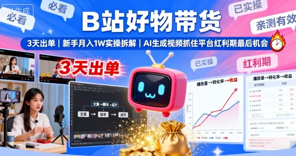B站好物带货，3天出单，新手月入1W实操拆解，AI生成视频，抓住平台红利期最后机会| 网创圈