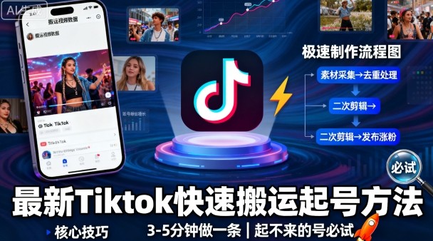 最新Tiktok快速搬运快速起号方法，3-5分钟做一条，起不来的号可以试试| 网创圈
