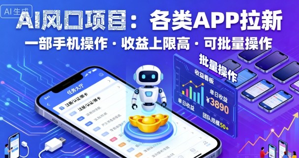 AI风口项目，各类APP拉新，一部手机就可以操作，收益上限高，可批量操作| 网创圈