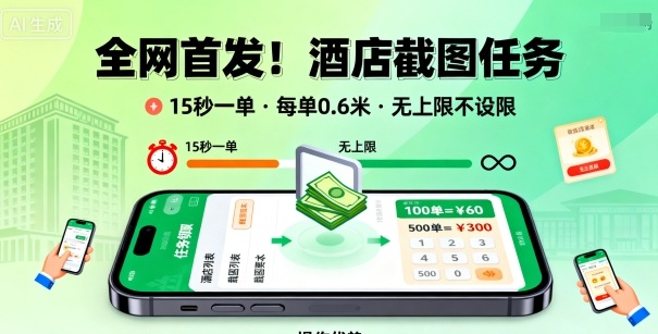 全网首发！酒店截图任务，15秒一单，每单0.6米，任务无上限不设限，矩阵操作单日3张到手【揭秘】| 网创圈