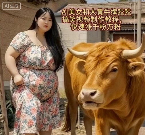 AI美女和大黄牛摔跤搞笑荒诞视频制作教程，快速涨千粉万粉| 网创圈